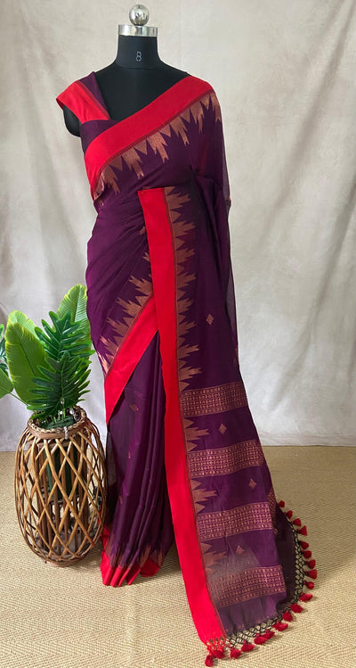 Win red handloon cotton saree with temple border, with BP