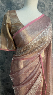 Tissue Kotta silk saree with mirror and chikankari work, with stitched blouse