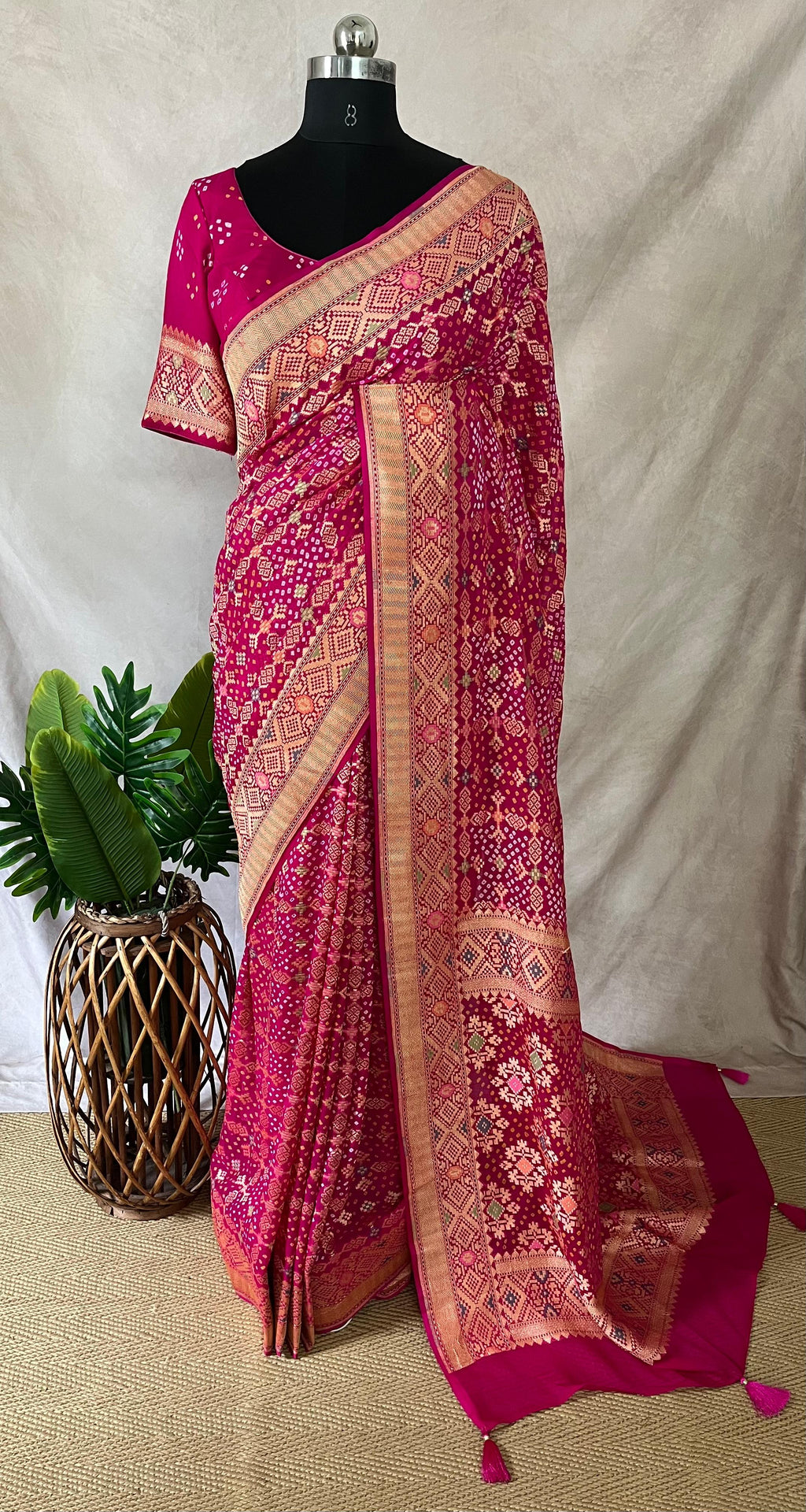 Pure Georgette banarasi sari with rai bandhani, stitched blouse