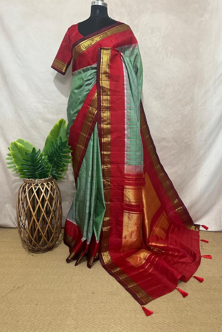 Handloom pure silk cotton green gadwal silk saree with stitched blouse