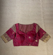 Maroon silk blouse with ikkat tissue work