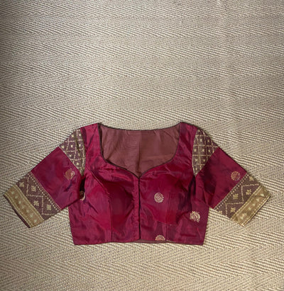 Maroon silk blouse with ikkat tissue work