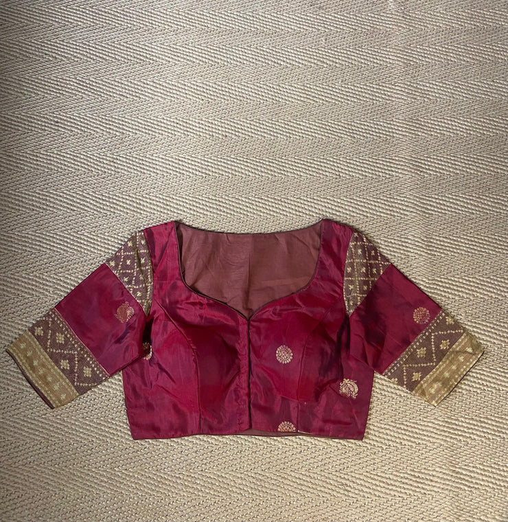 Maroon silk blouse with ikkat tissue work