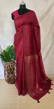 Reddish maroon printed pure tussar silk saree with banarsi border and kantha work , with BP