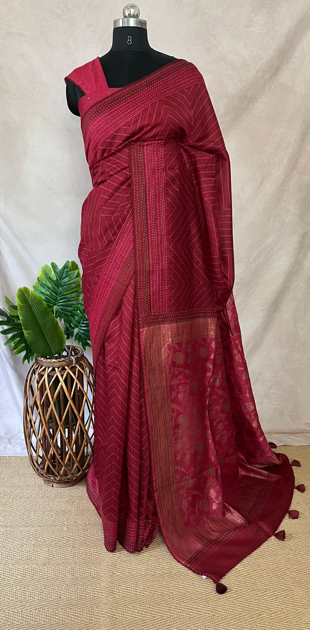 Reddish maroon printed pure tussar silk saree with banarsi border and kantha work , with BP
