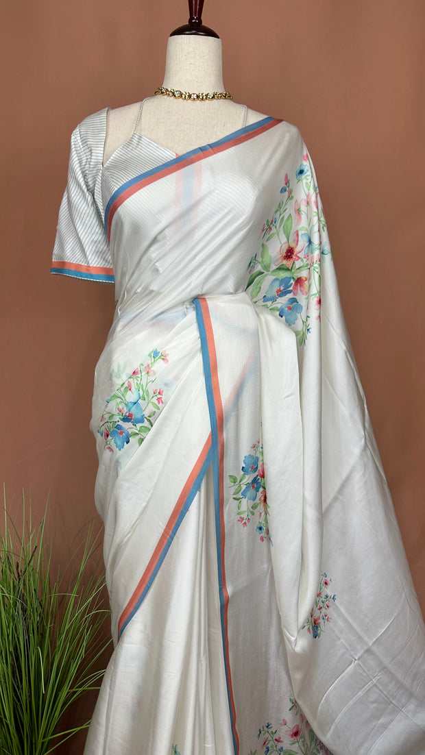 Aliya Bhatt White floral printed pure satin silk saree with stitched blouse