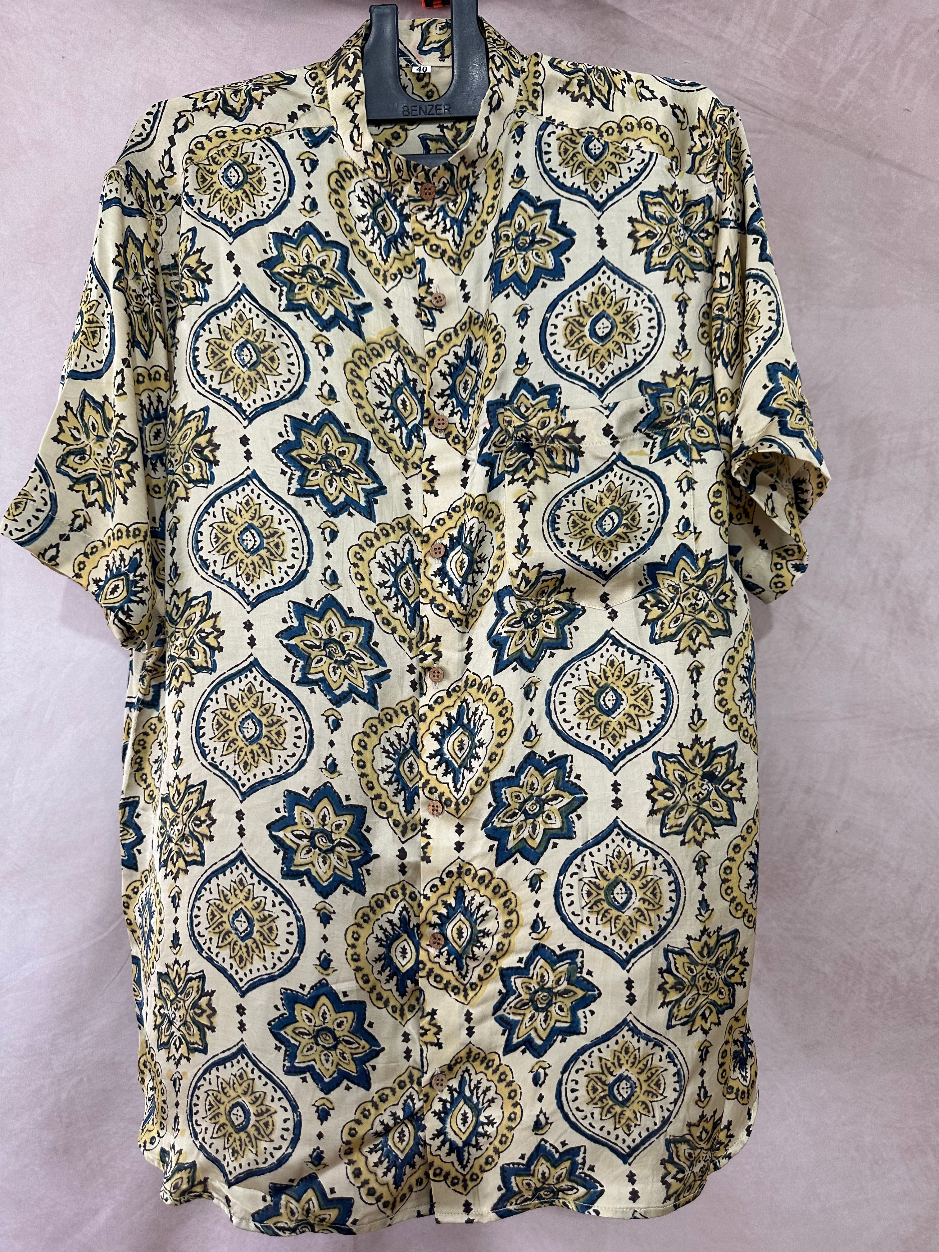 Ajrakh handblock printed Mandarin colar shirts in pure modal silk