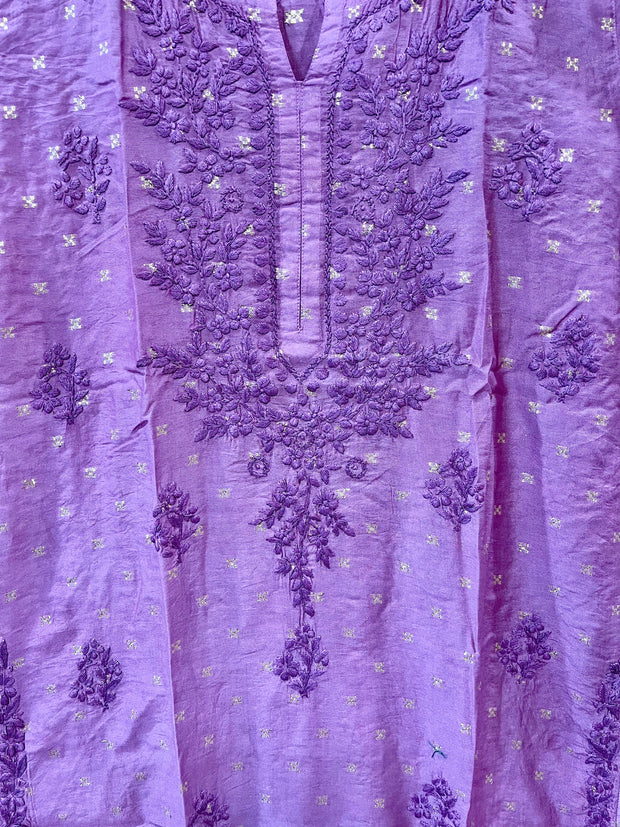 Light eggplant color Banarsi silk chikankari kurti