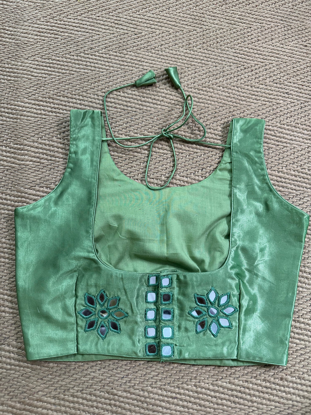 light Green modal silk blouse with mirror work