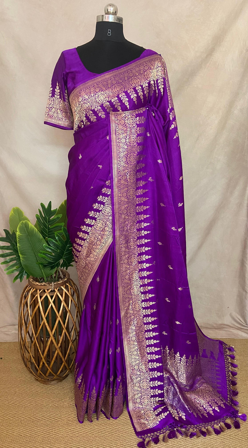 Pure Purple Mashru silk saree with stitched blouse