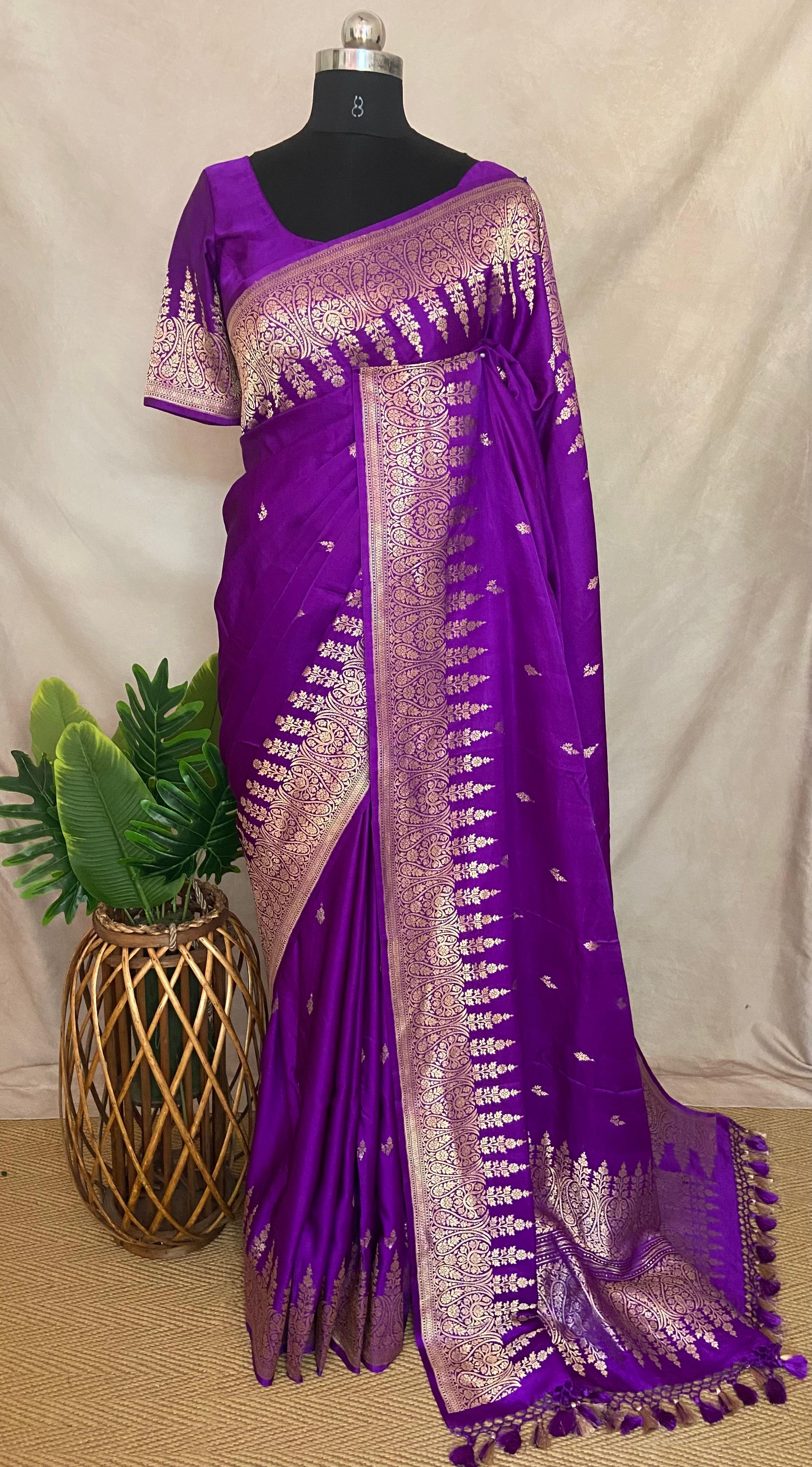 Pure Purple Mashru silk saree with stitched blouse