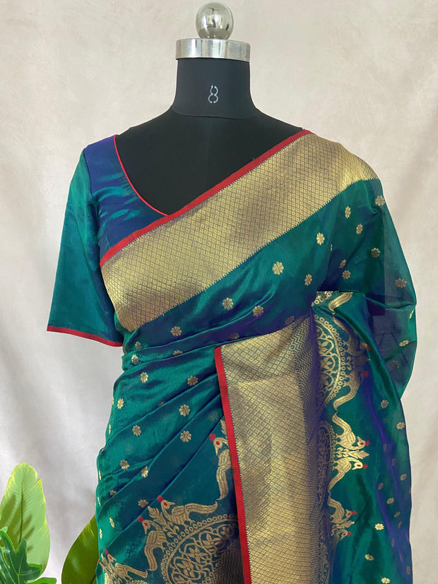 Navy blue chanderi silk saree with stitched blouse