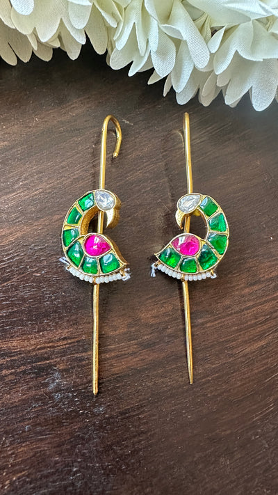 Green and red color kundan stone ear pin/cuff