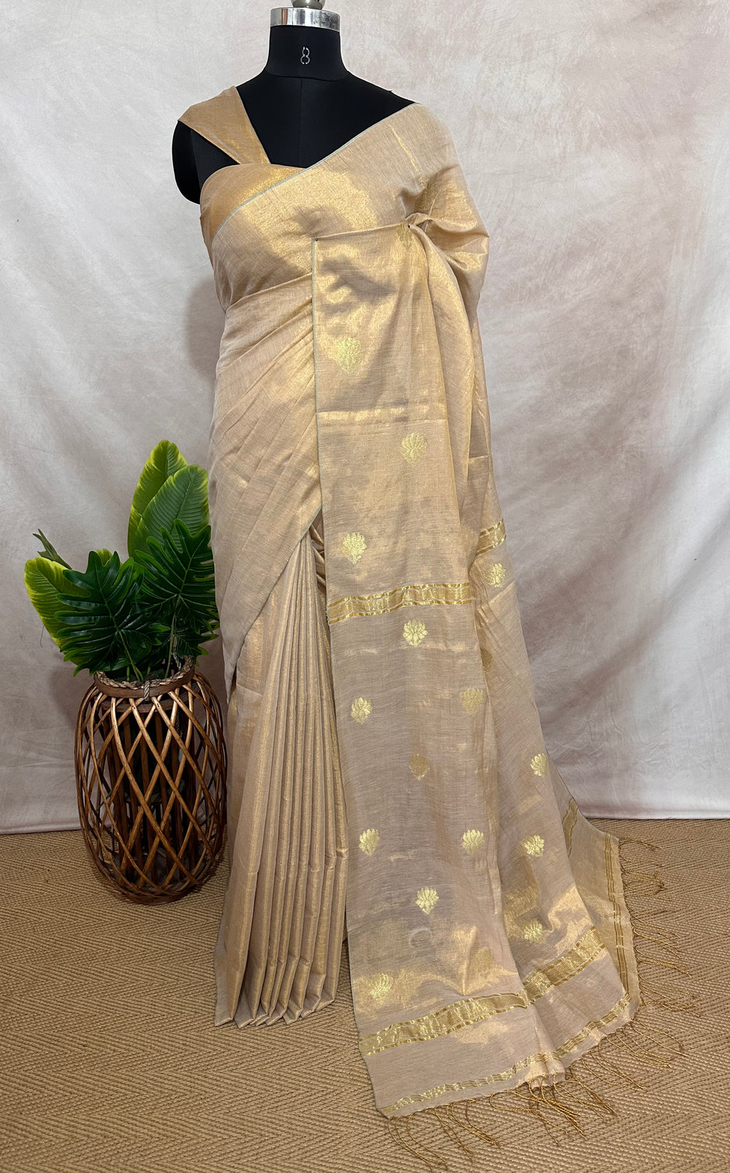 Handloom Gold cotton tissue saree with lotus jamdani weave ,