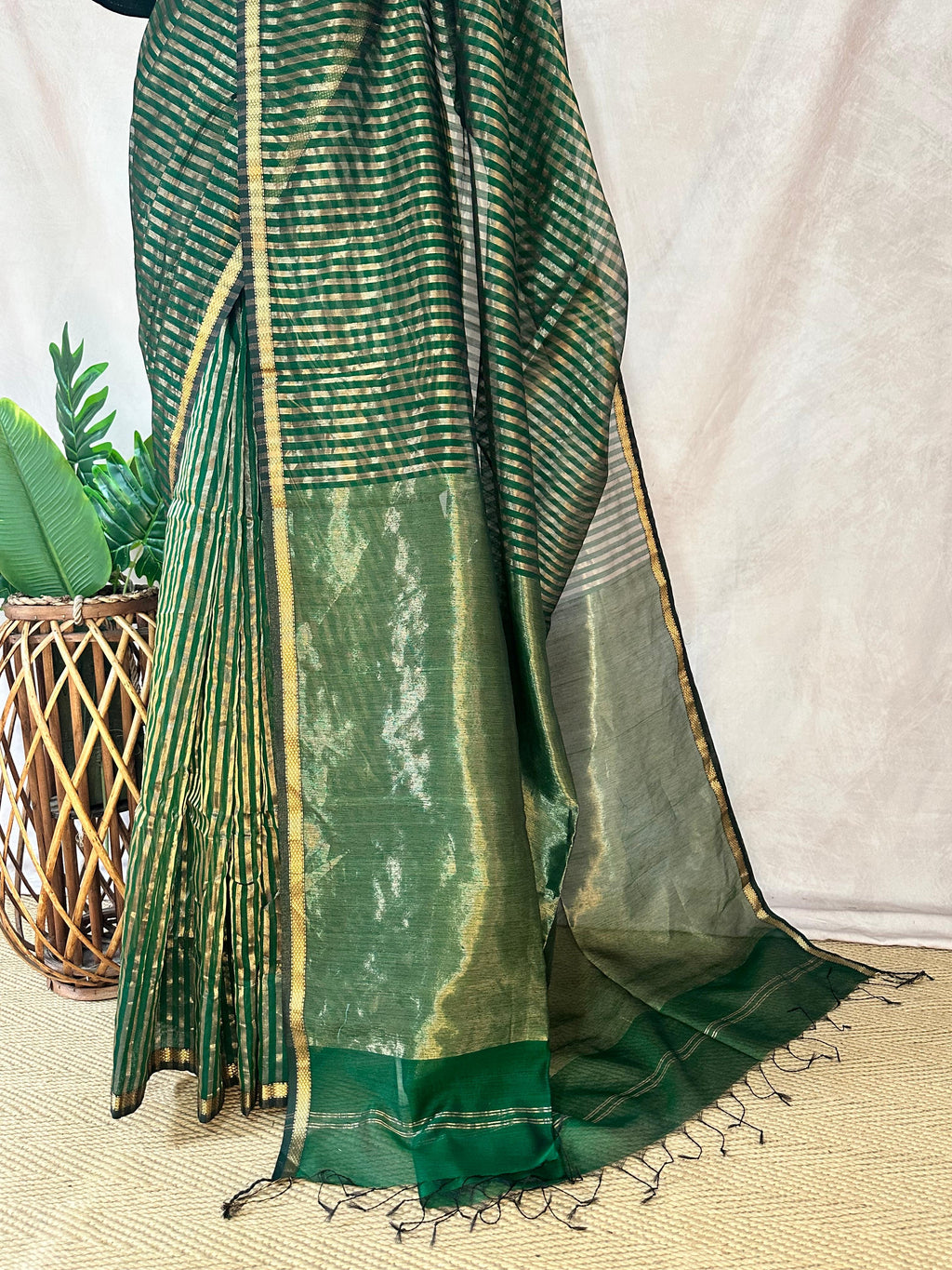 Maheshwari tissue silk saree with stripe and stitched blouse