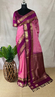 Pink and Majenta Kanchivaram saree with stitched blouse