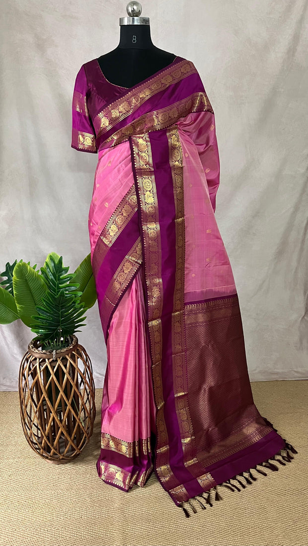 Pink and Majenta Kanchivaram saree with stitched blouse