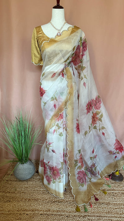 Hand painted organza silk saree with hand work, stitched blouse
