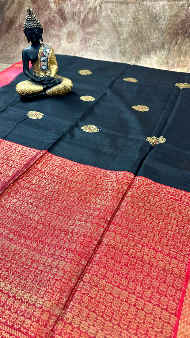 Black and red combo pure raw silk saree with stitched blouse