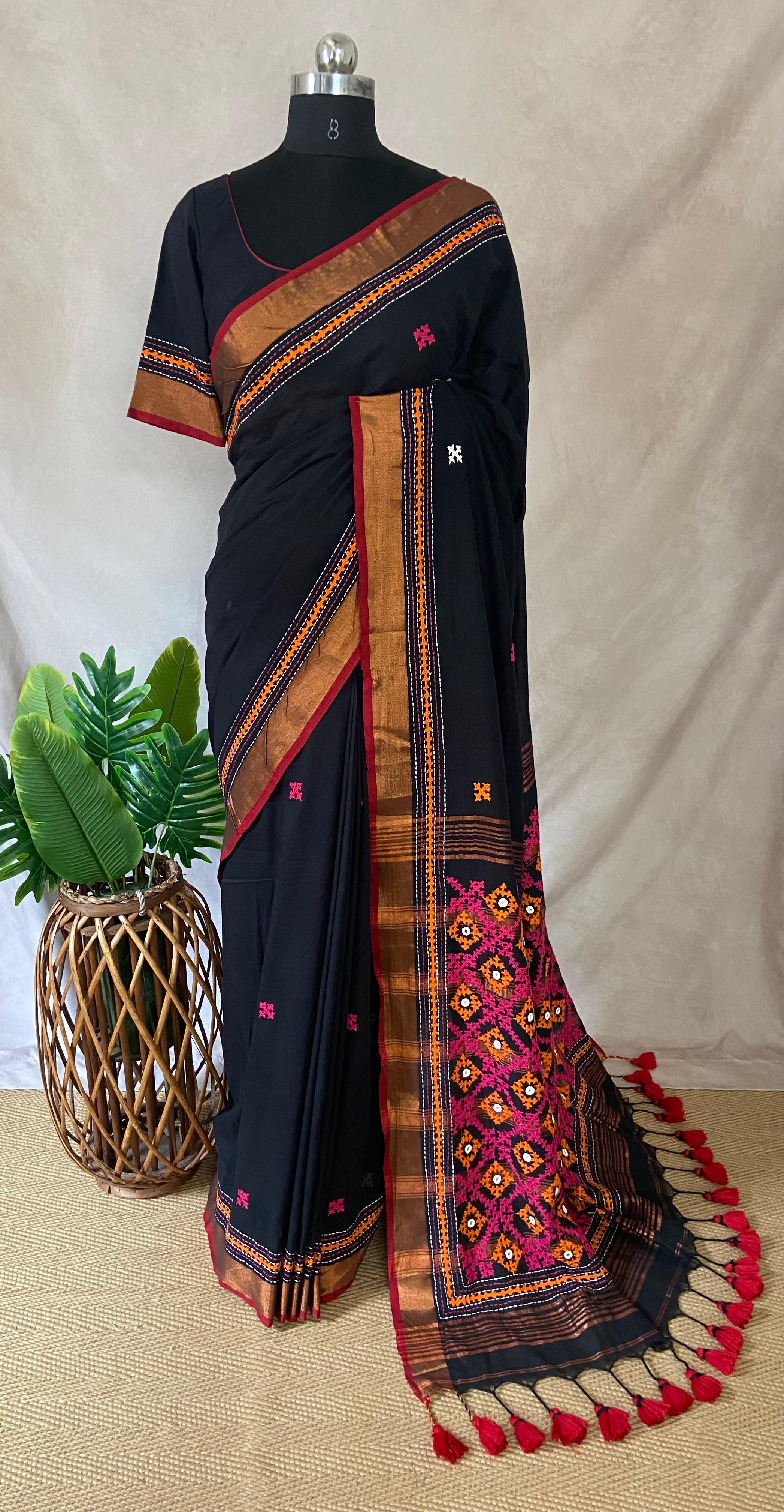 Black cotton saree with kutch work and stitched blouse