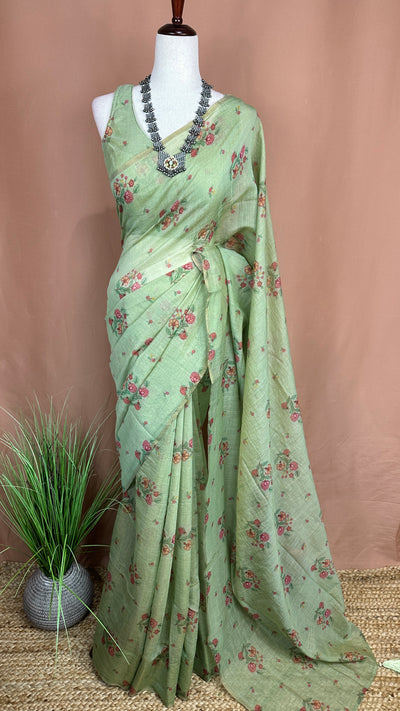 Tissue chanderi printed cotton saree with stitched blouse