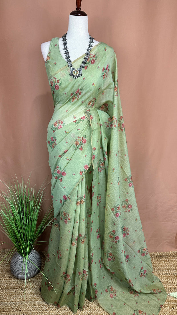 Tissue chanderi printed cotton saree with stitched blouse