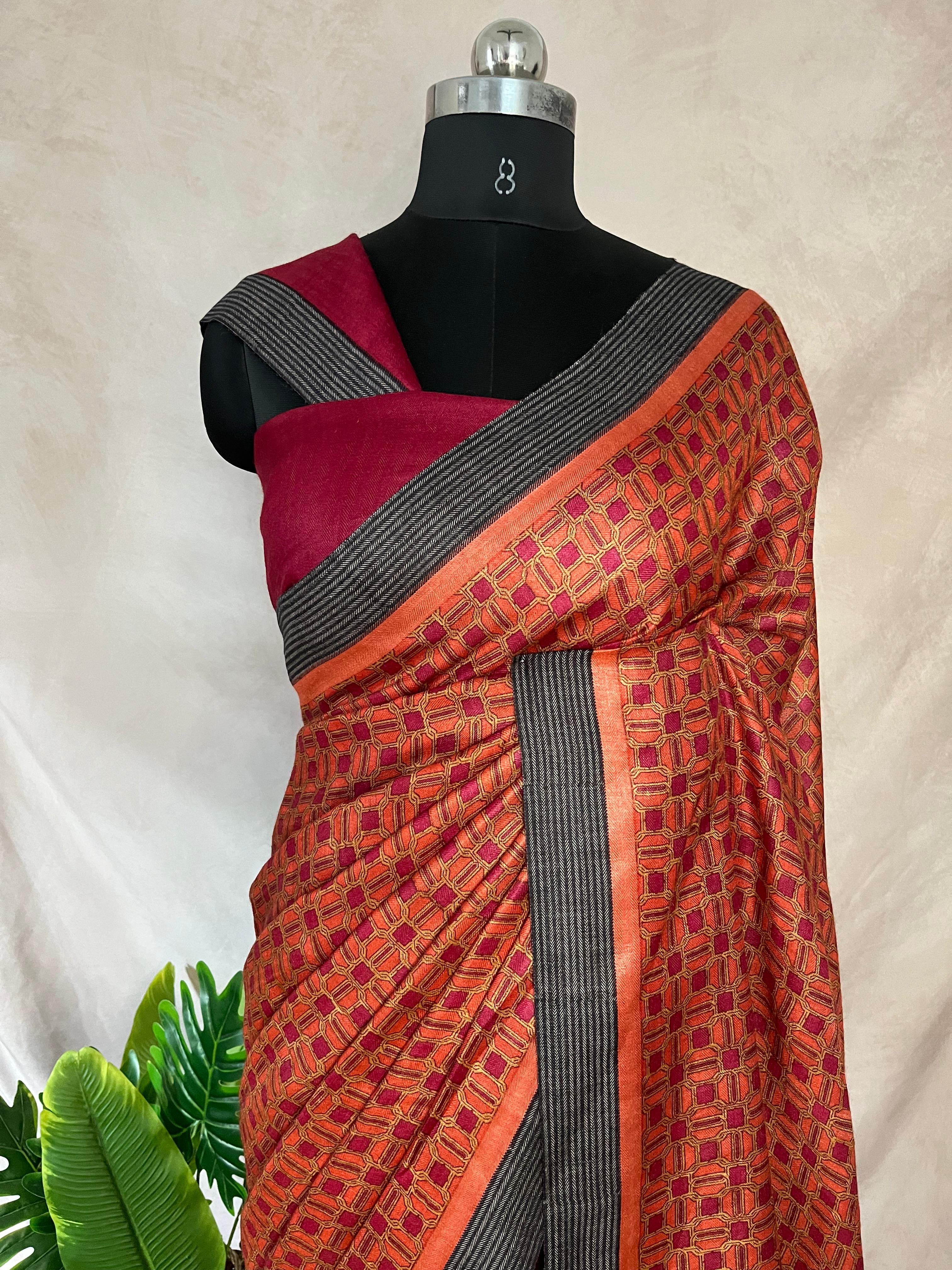 Printed blended tussar silk saree with BP