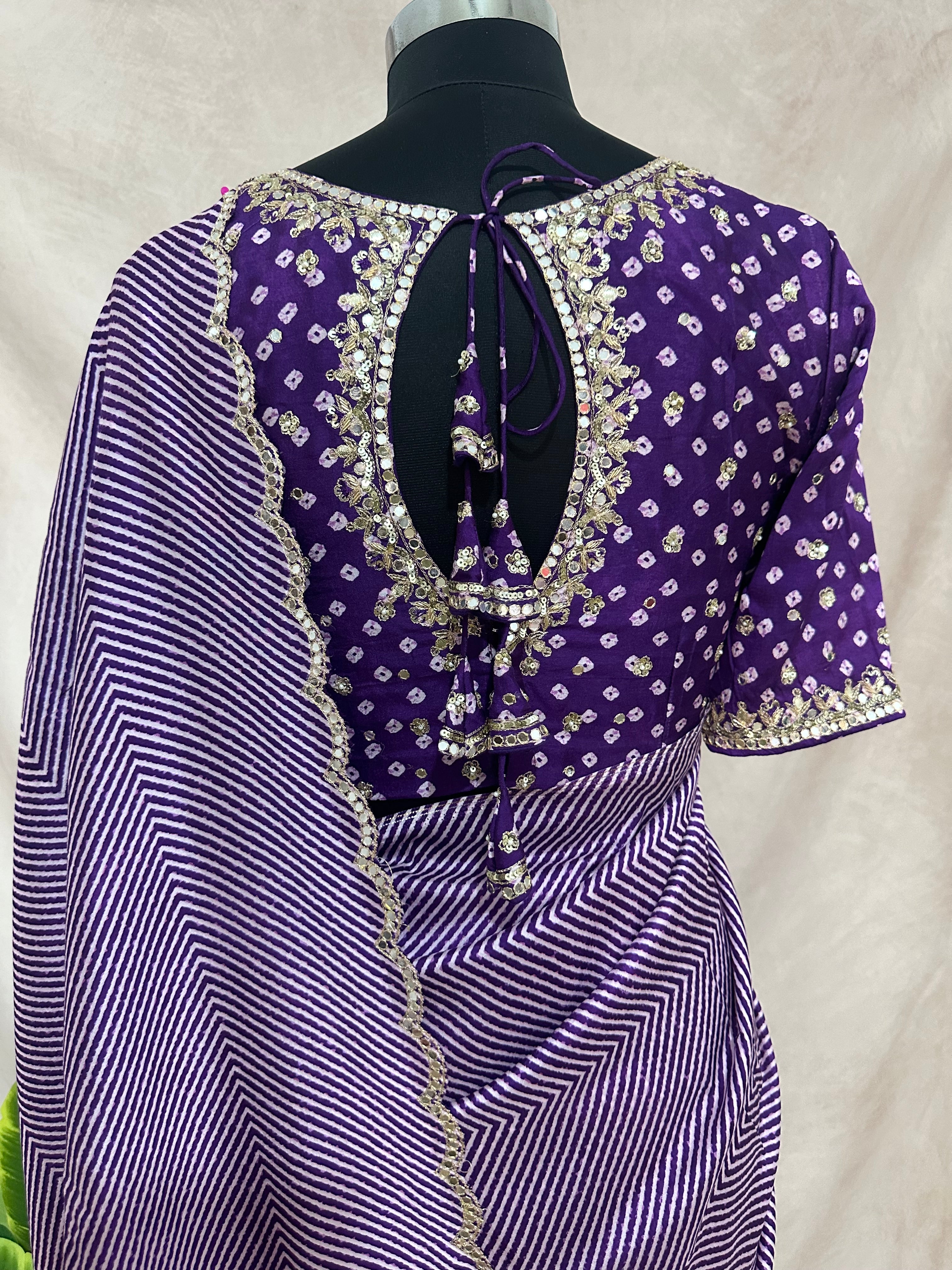 Lahariya printed tussar silk saree with handwork , stitched blouse