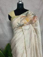 Light yellow Sequins designer saree, with stitched blouse