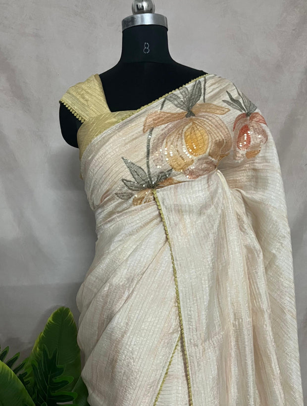 Light yellow Sequins designer saree, with stitched blouse