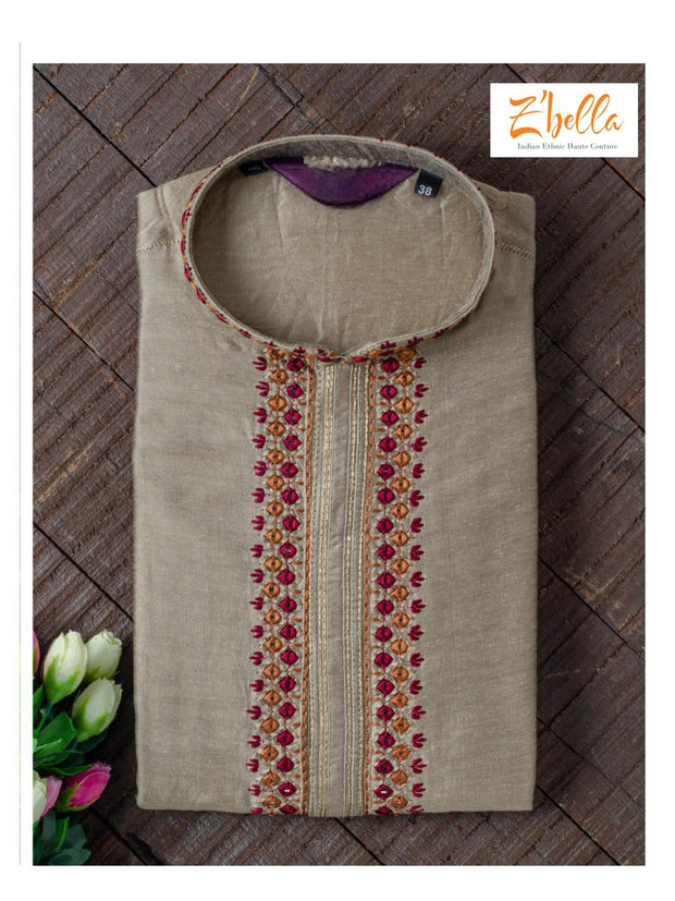 Light chocolate brown kurta with embroidery on the neck, with bottom