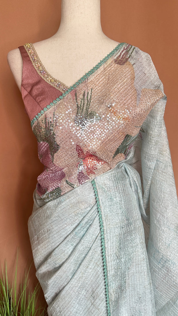 Light Blue Sequins designer saree, with BP