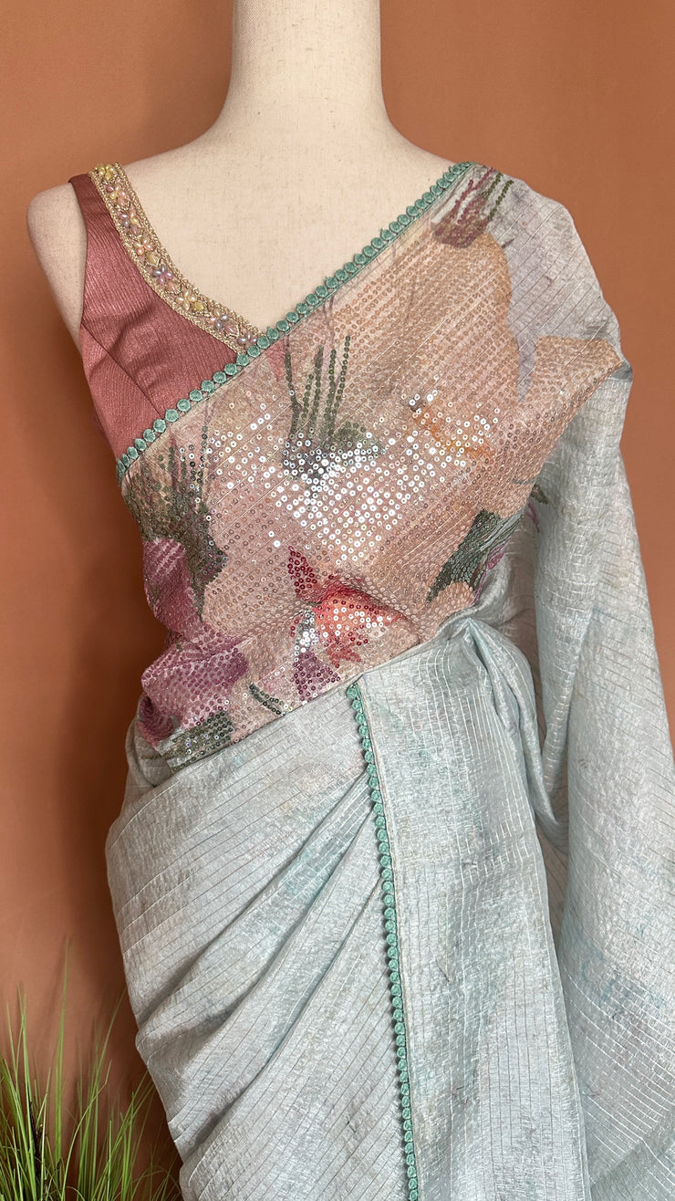Light Blue Sequins designer saree, with BP