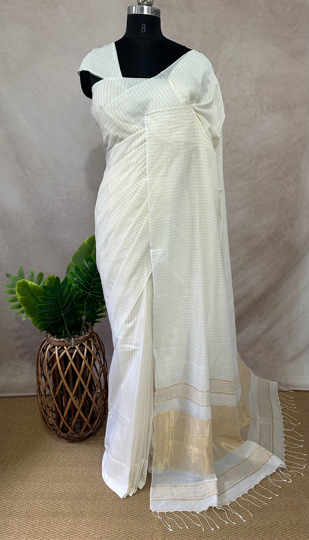 Off white pure cotton handloom saree with gold line