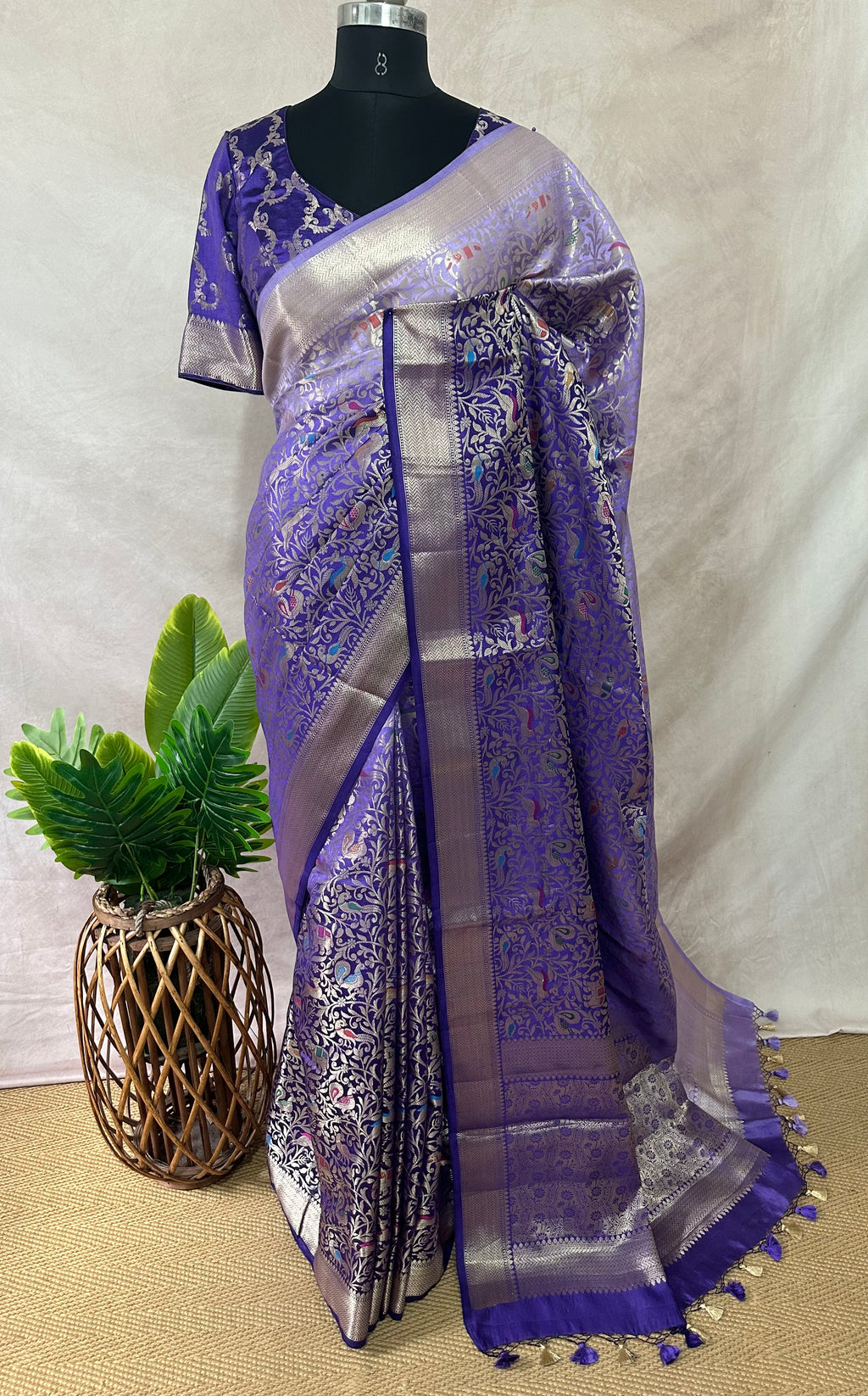 Silk saree with bird motif and meerankari weave, stitched blouse