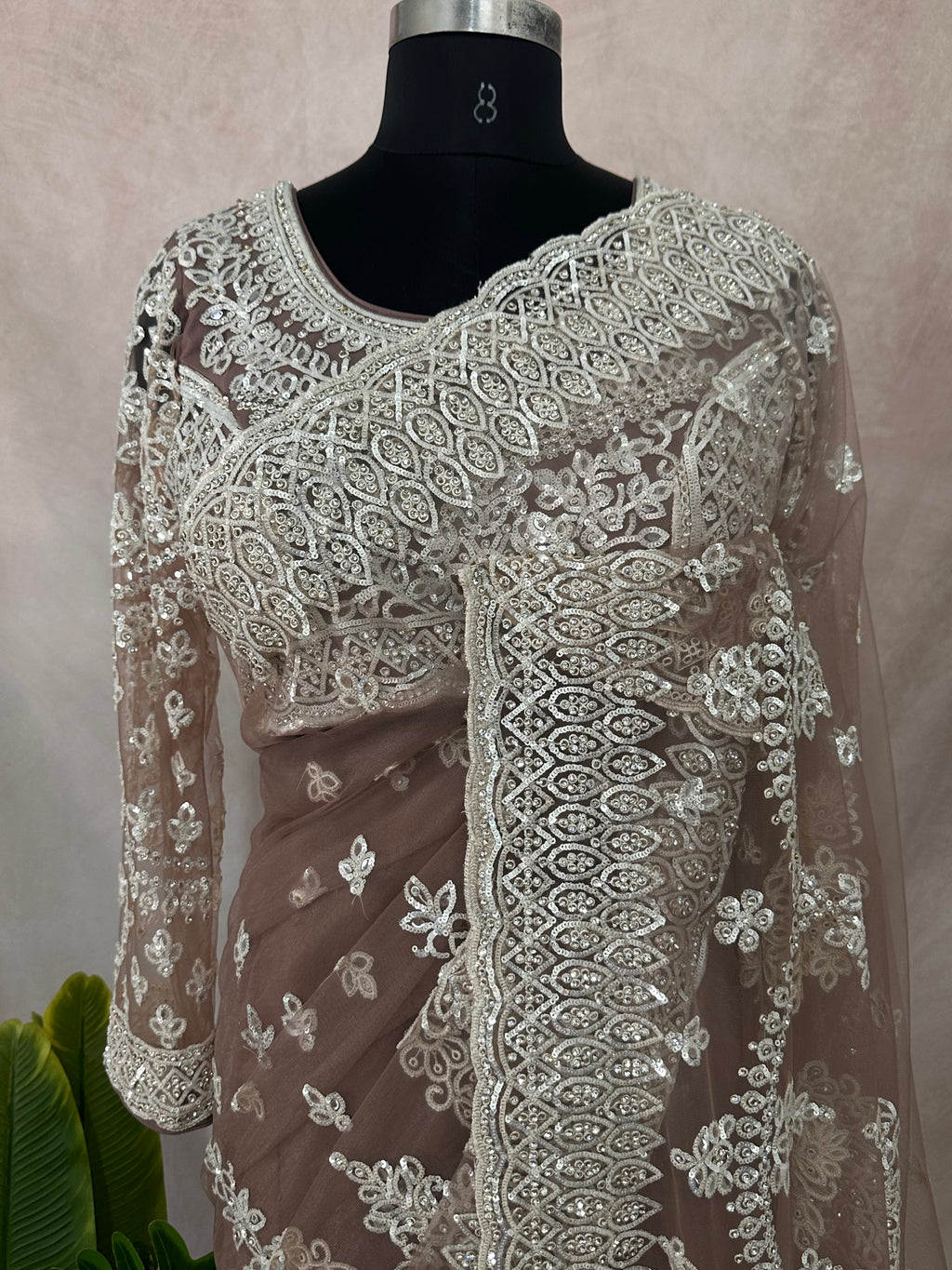 Heavy Embroidered Net Saree with stitched blouse and under skirt