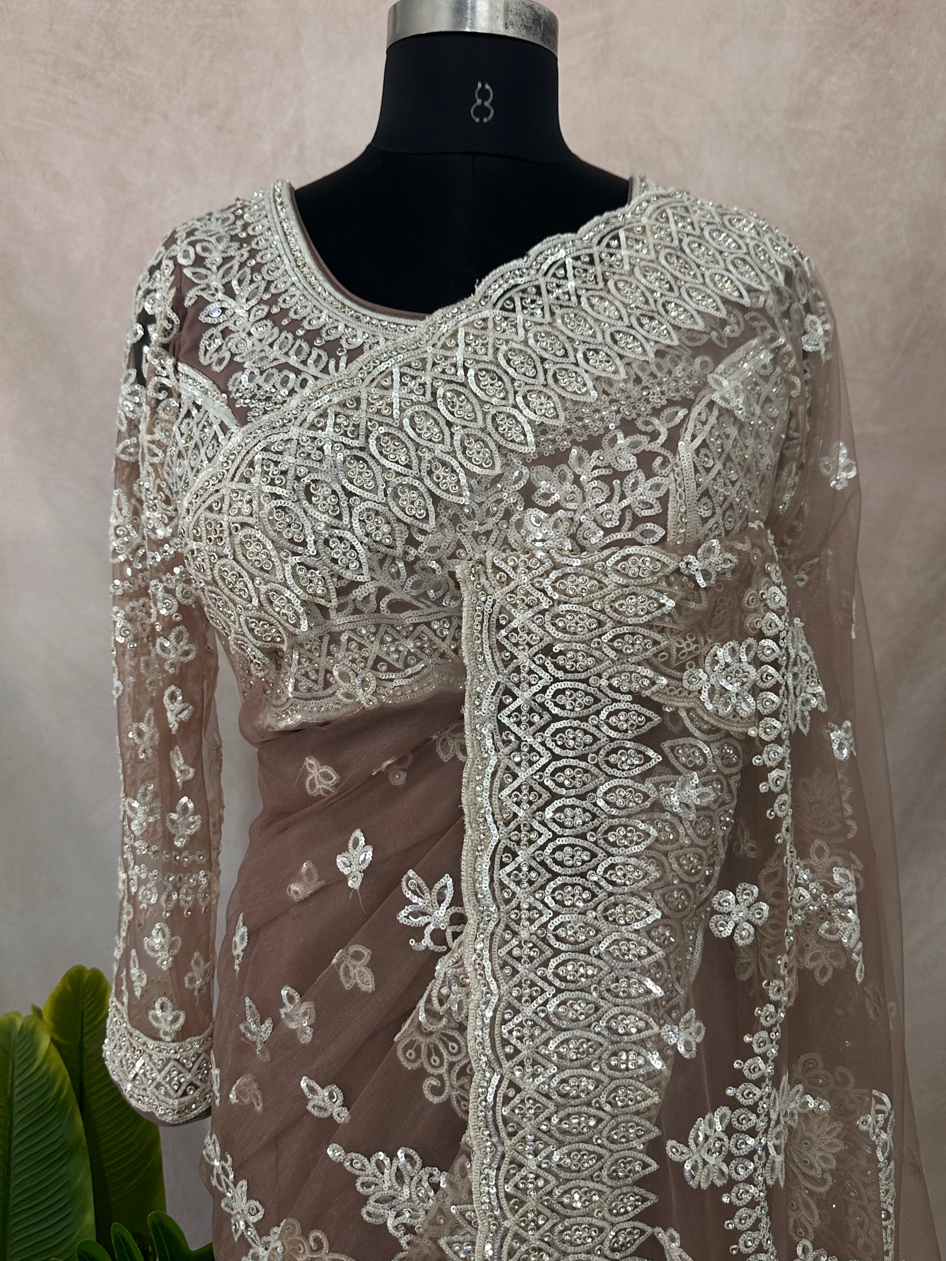 Heavy Embroidered Net Saree with stitched blouse and under skirt