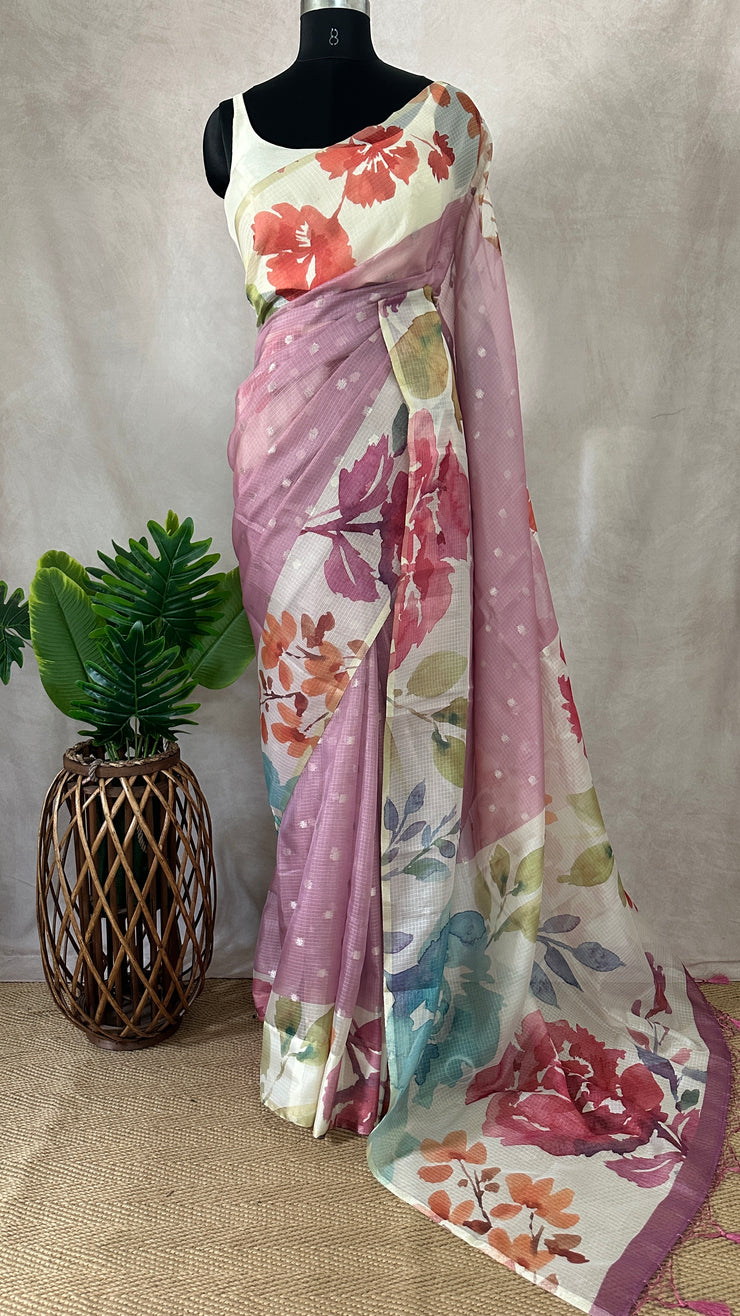 Kota silk saree with floral print border, with BP