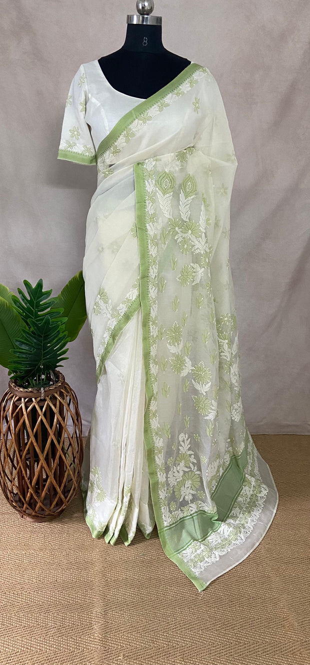 Chikankari hand work in kotta silk, with stitched blouse