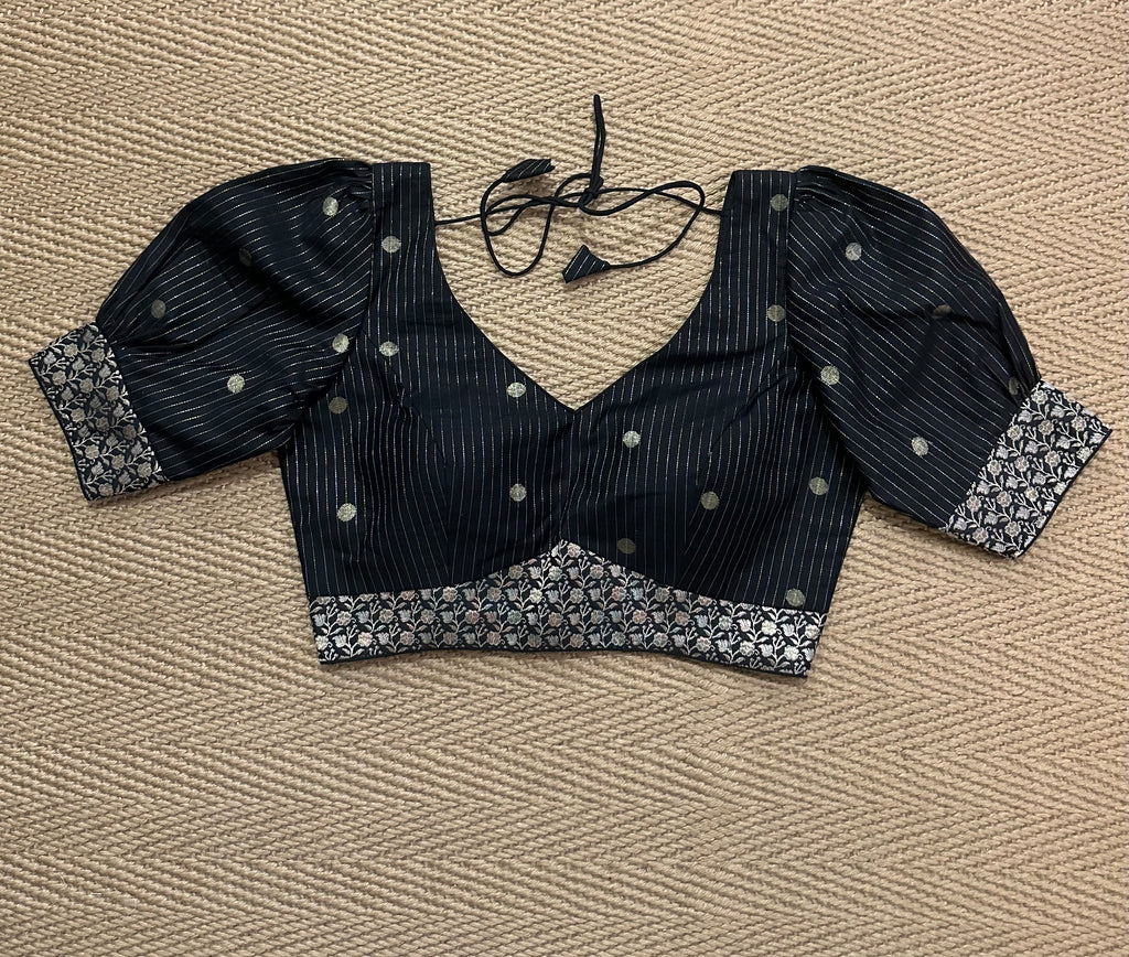 Black silk cotton blouse with  puff sleeves