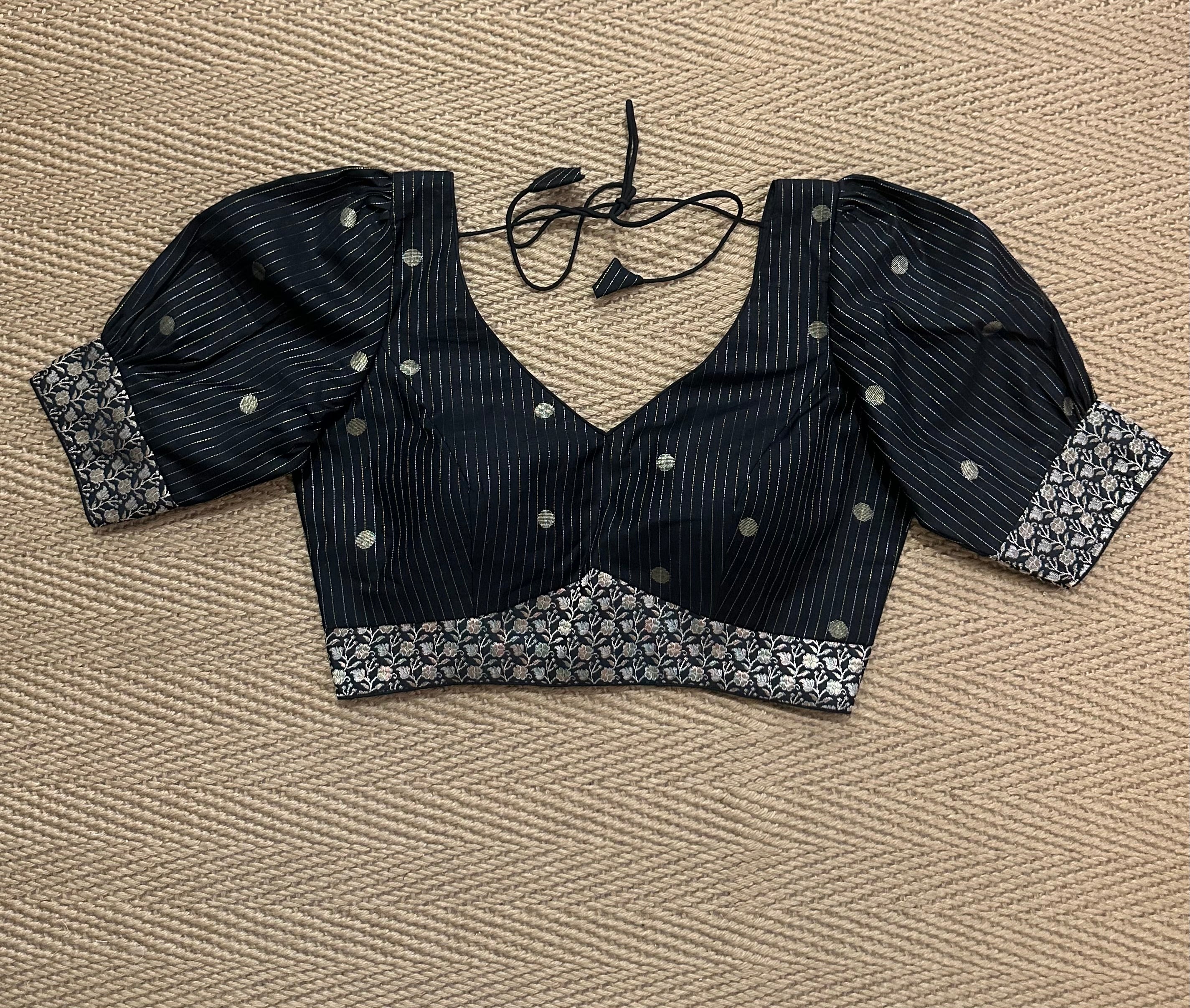 Black silk cotton blouse with  puff sleeves