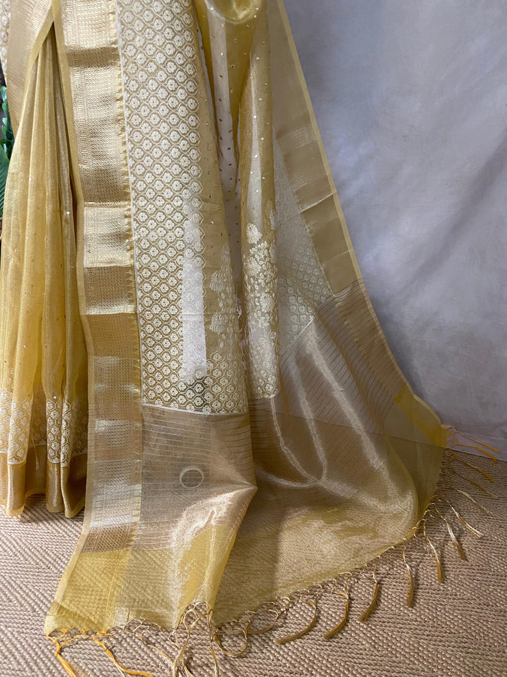 Yellow Tissue Kotta silk saree with mirror and chikankari work, with stitched blouse