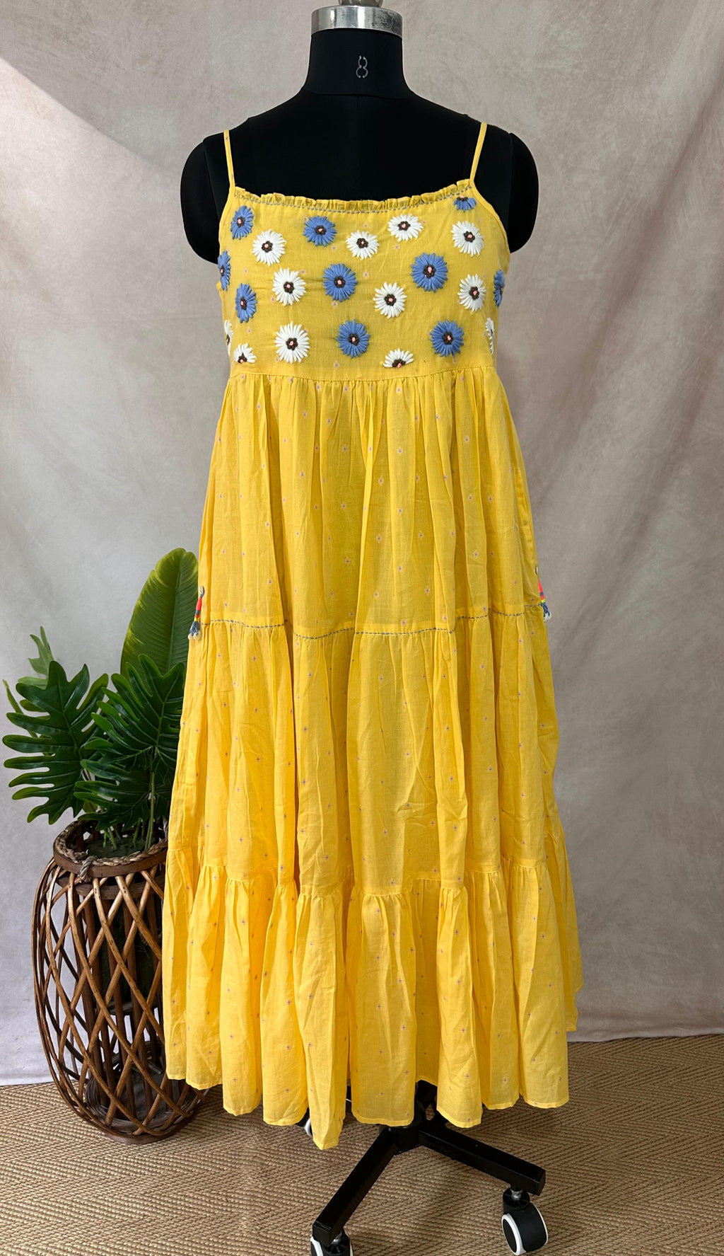 Yellow pure cotton dress with hand emroidery