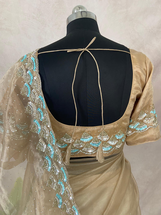 Beige organza saree with Stiched blouse
