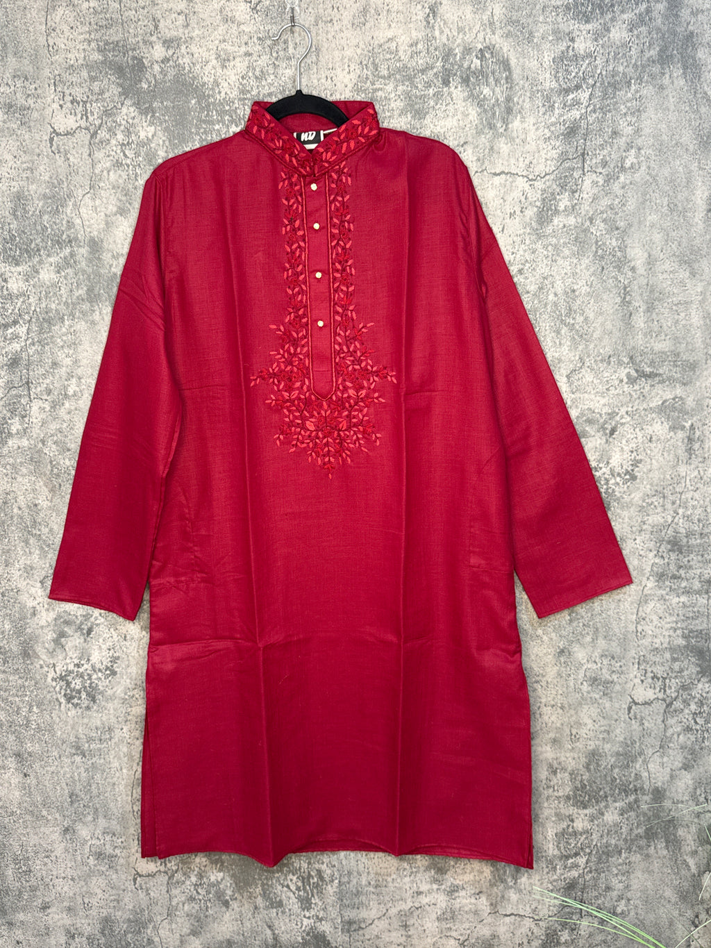 Maroon cotton kurta with hand emroidery on the neck
