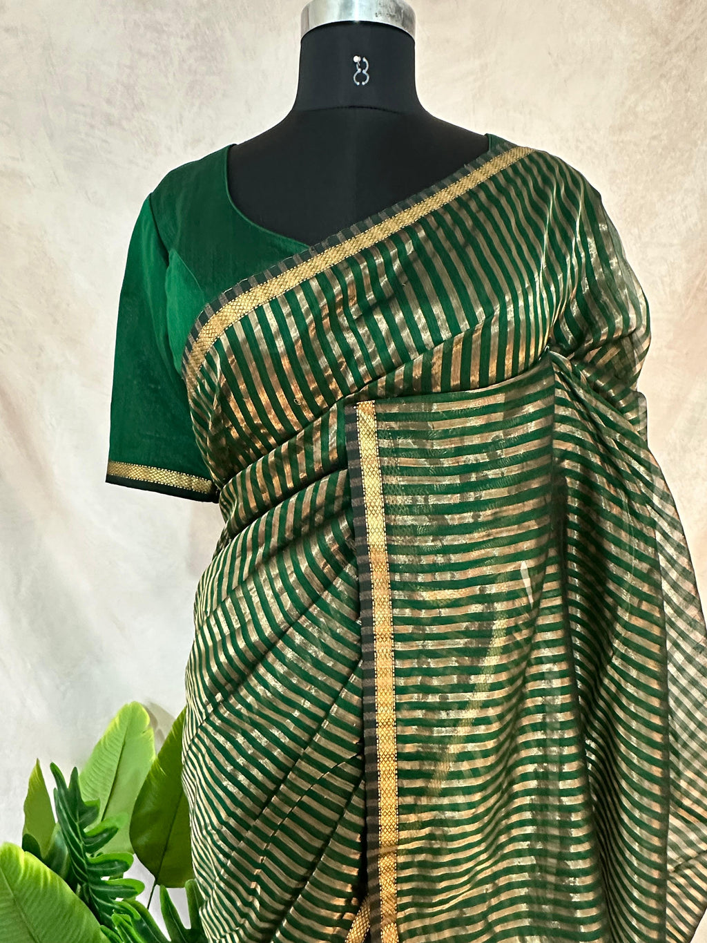 Maheshwari tissue silk saree with stripe and stitched blouse