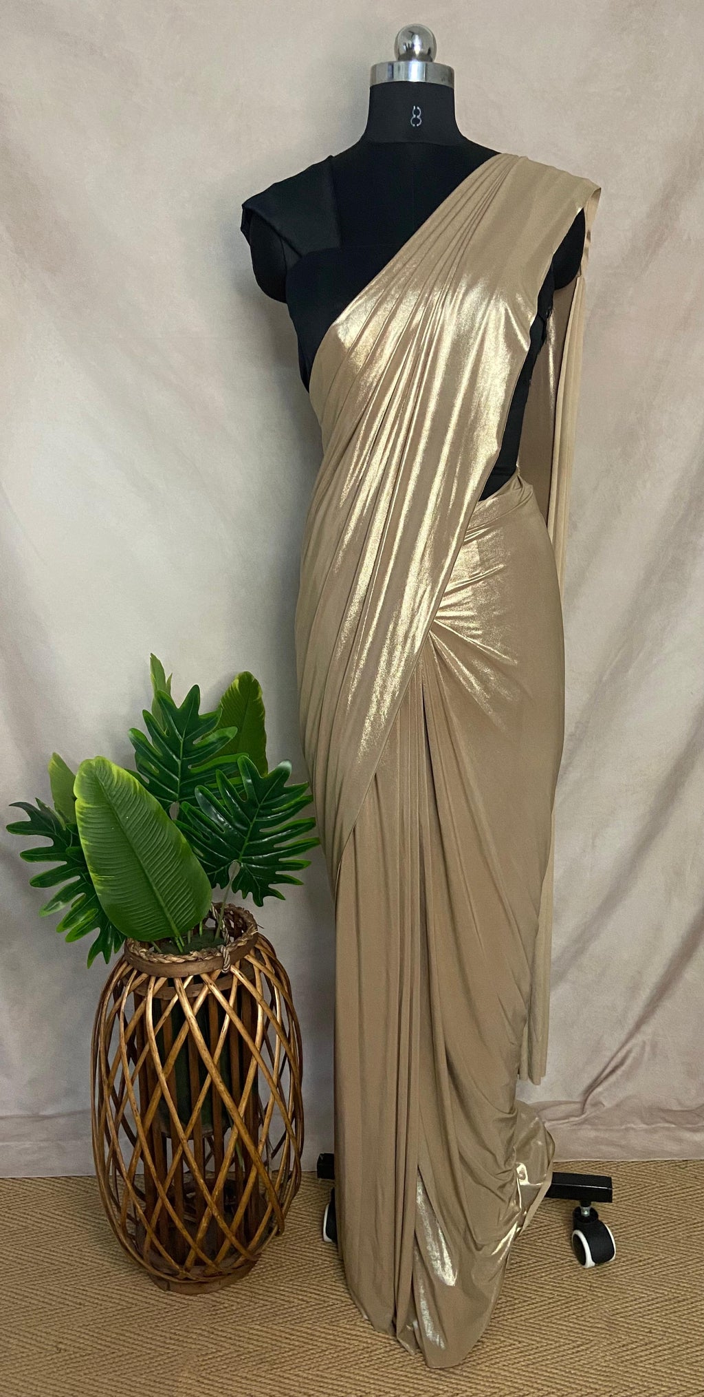Ready made pre pleated Gold lycra ready to wear saree