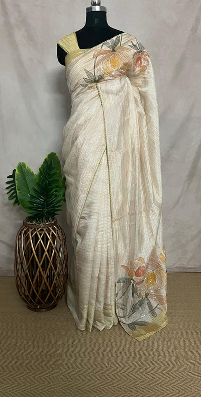 Light yellow Sequins designer saree, with stitched blouse