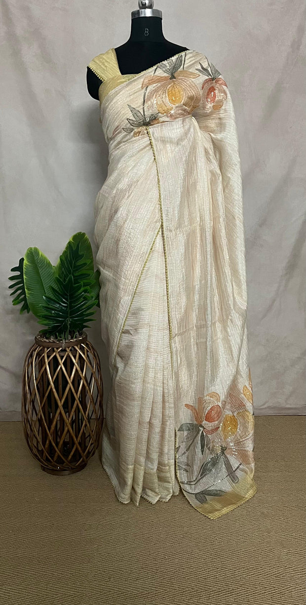 Light yellow Sequins designer saree, with stitched blouse
