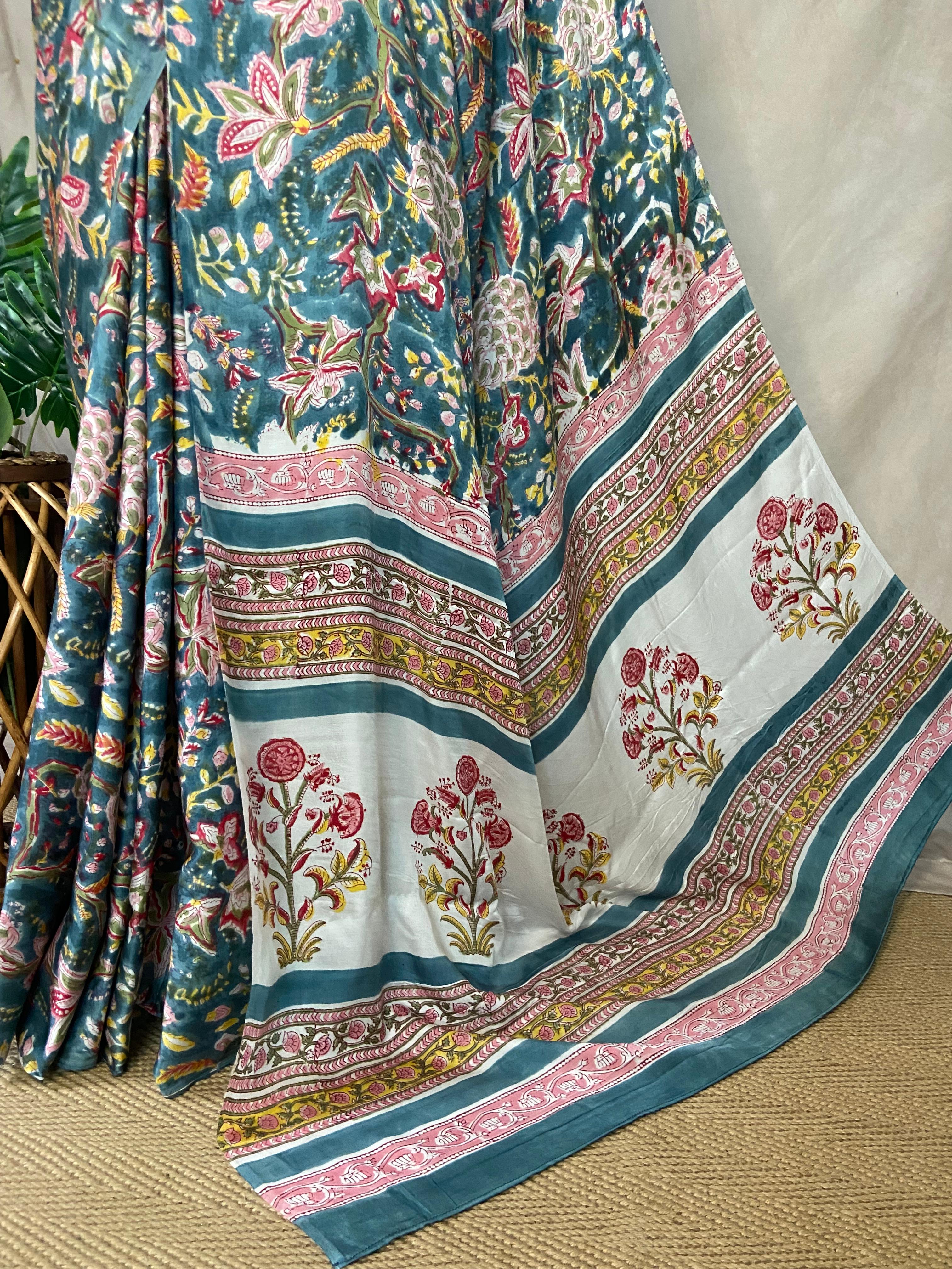 Greyish green vanaspathi handblock print modal silk saree, with BP